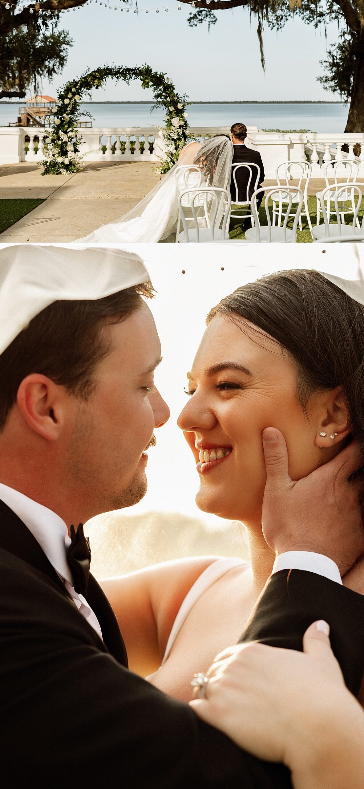 Newlyweds smile at one another underneath a bridal veil by Tampa Wedding Photographer