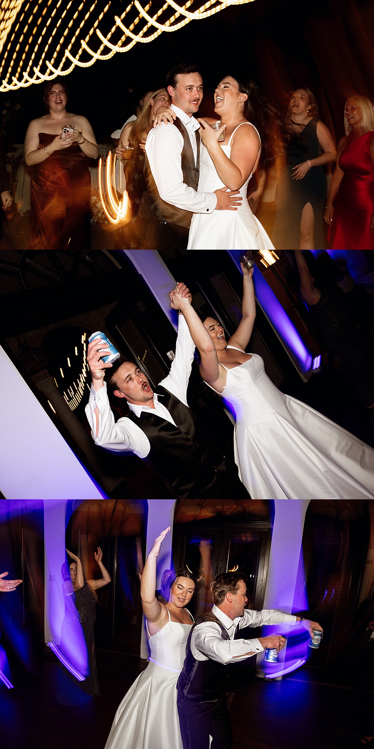 Newlyweds dance and sing on the dance floor at their wedding reception at Bella Cosa