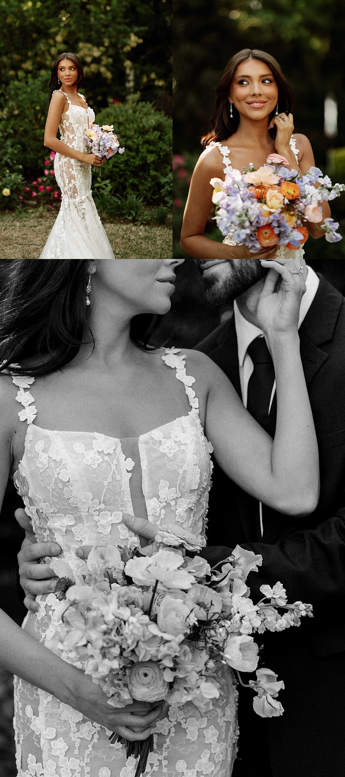 Couple embraces as woman holds bridal bouquet by Kayla Longstreet Photography