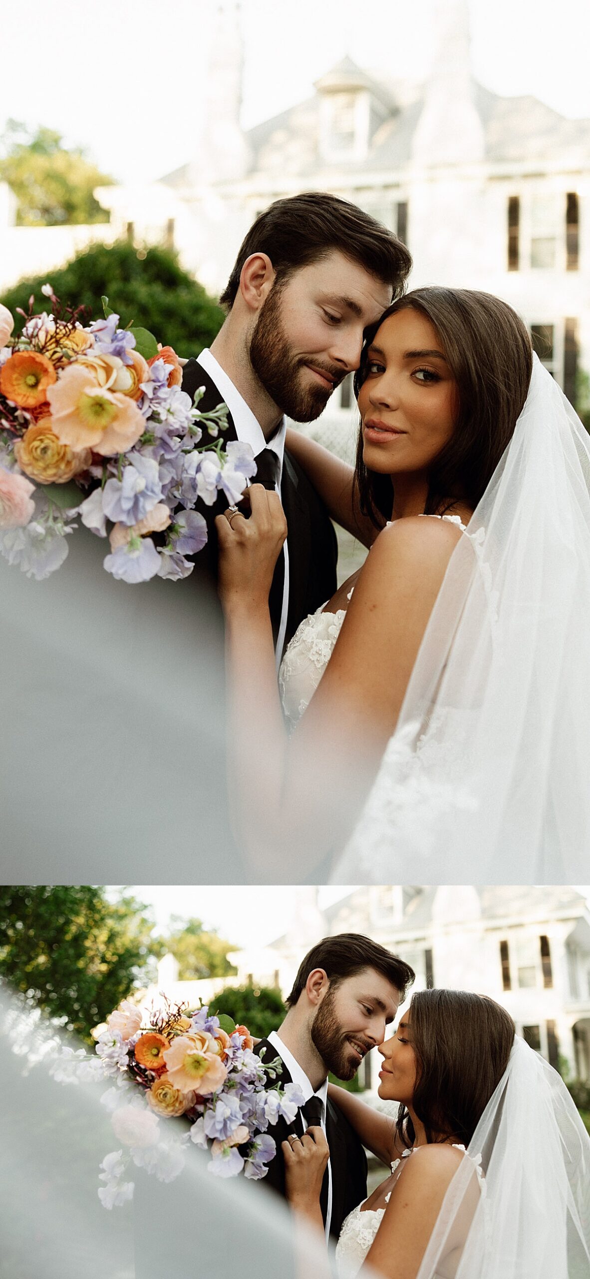 Brides veil swoops in front of newlyweds as they lean in for a kiss at The Wildflower 301