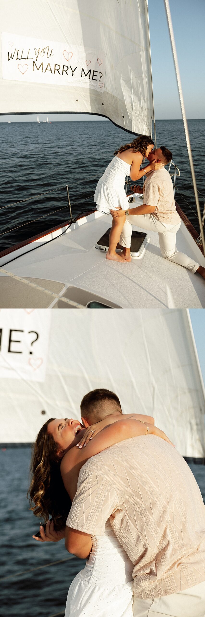 Fiancé's kiss with the sail of the boat behind them that reads "Will you marry me?" at their proposal in St. Petersburg