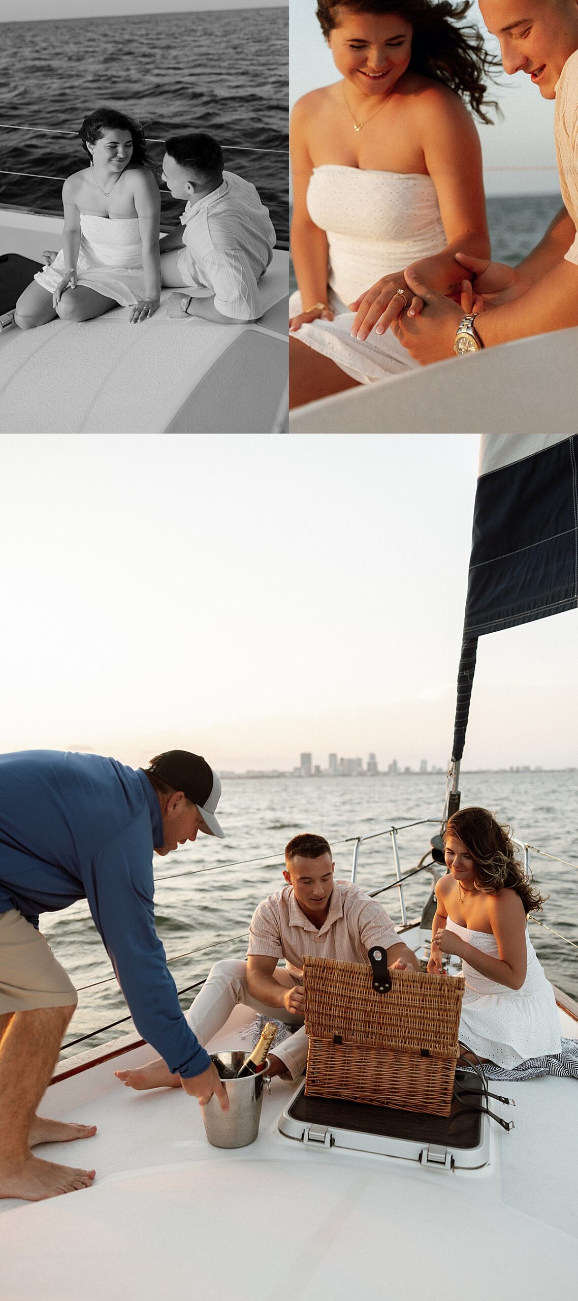 Fiancé looks down at engagement ring on fiancée's hand by Tampa wedding photographer