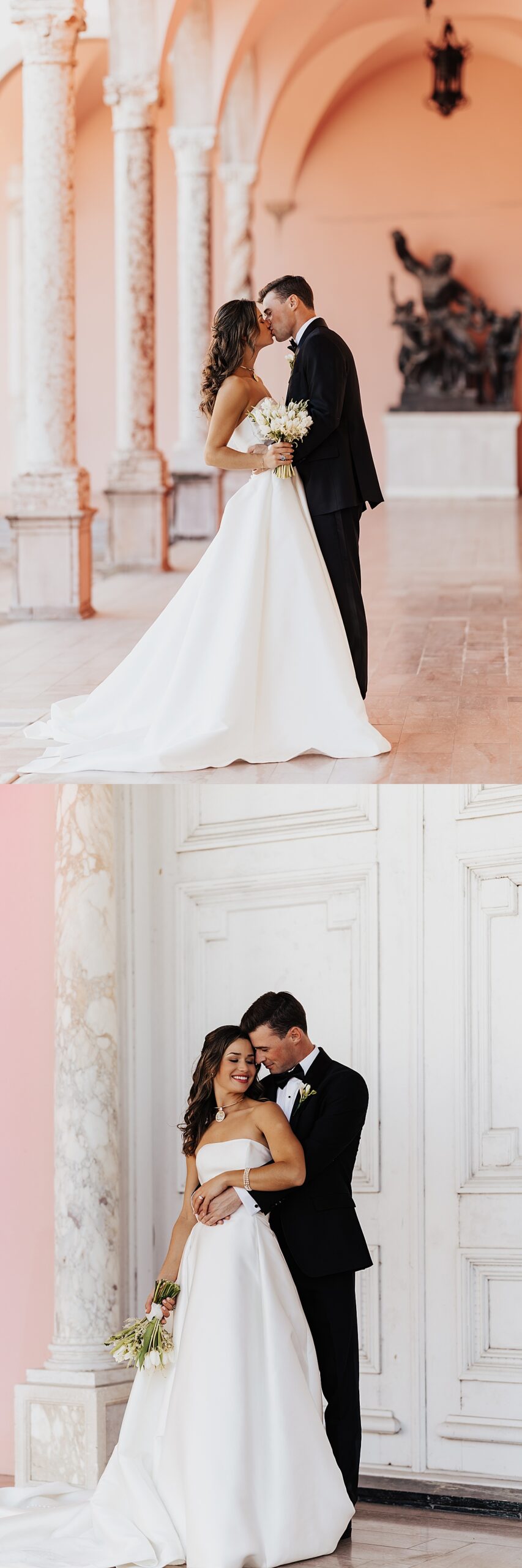 Couple kisses in the outdoor hallway by Florida wedding photographer