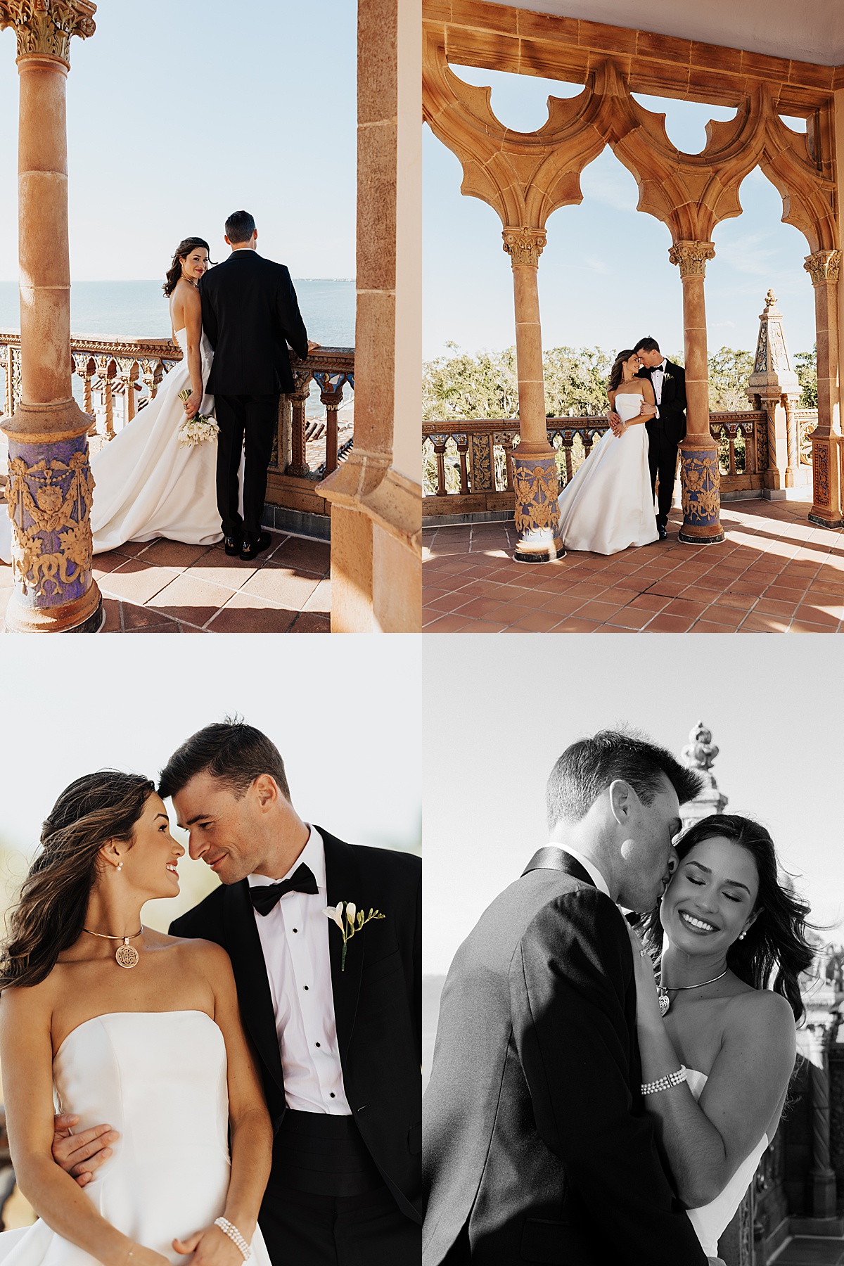 Bride peers over grooms shoulder as he looks out at the ocean at The Ringling Museum