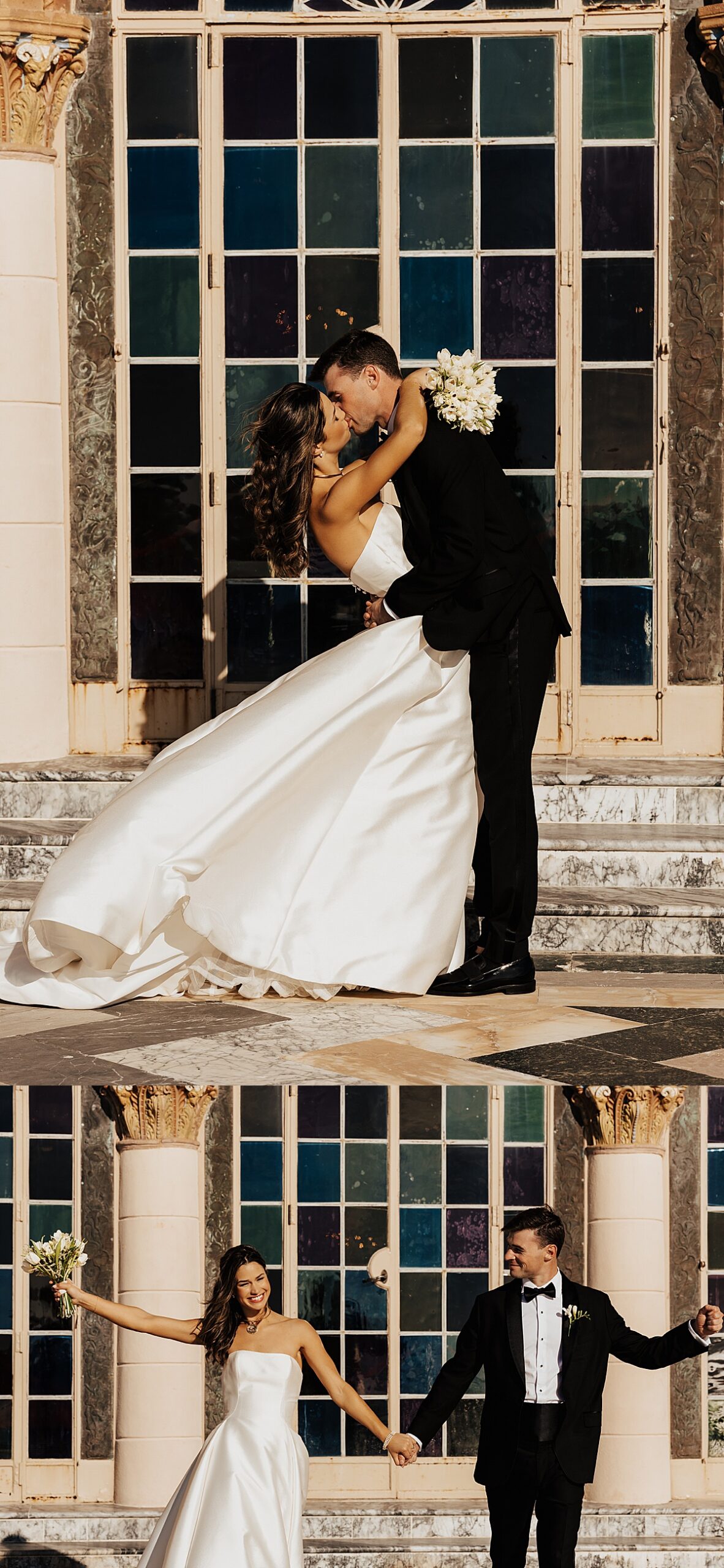 Newlyweds kiss in their wedding clothes at The Ringling Museum