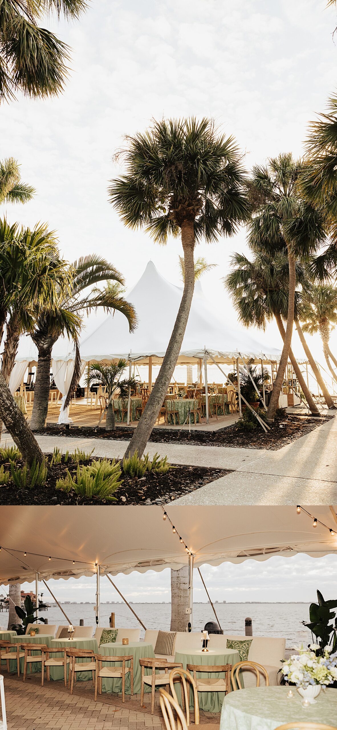 Tables line a white tent for a reception beside the ocean by Kayla Longstreet Photography