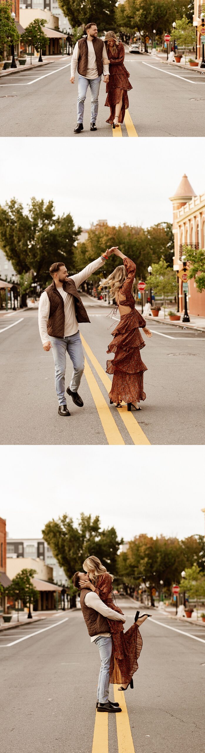 Couple walks down the street arm in arm at their Lakeland engagement session