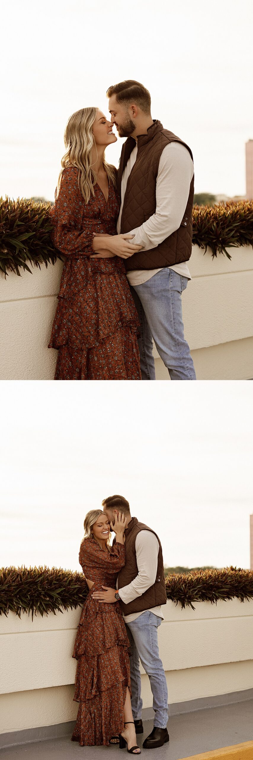 Man kisses woman on temple as she holds his face at their Lakeland engagement session