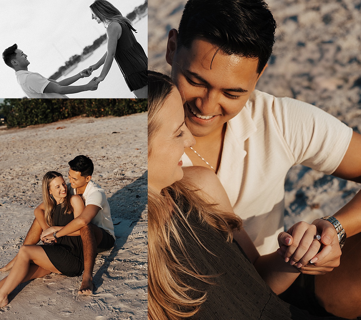 Fiancé's hold hands on the beach in black and white by Kayla Longstreet Photography