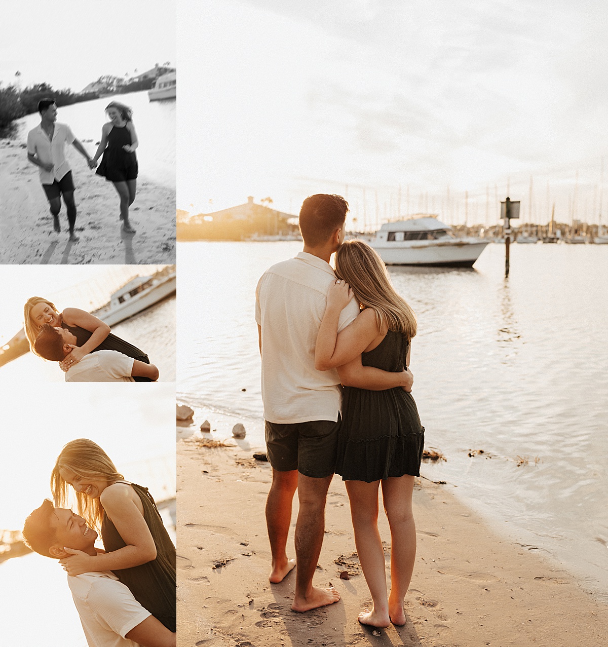 Couple hold hands and run on the beach in black and white by Tampa wedding photographer