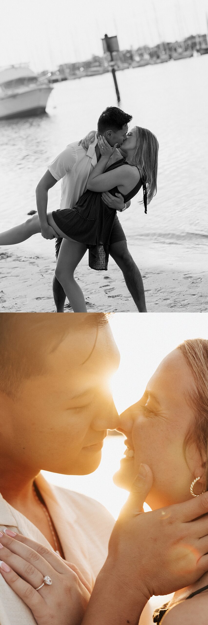 Fiancé dips his fiancée and kisses her on the beach in black and white by Kayla Longstreet Photography