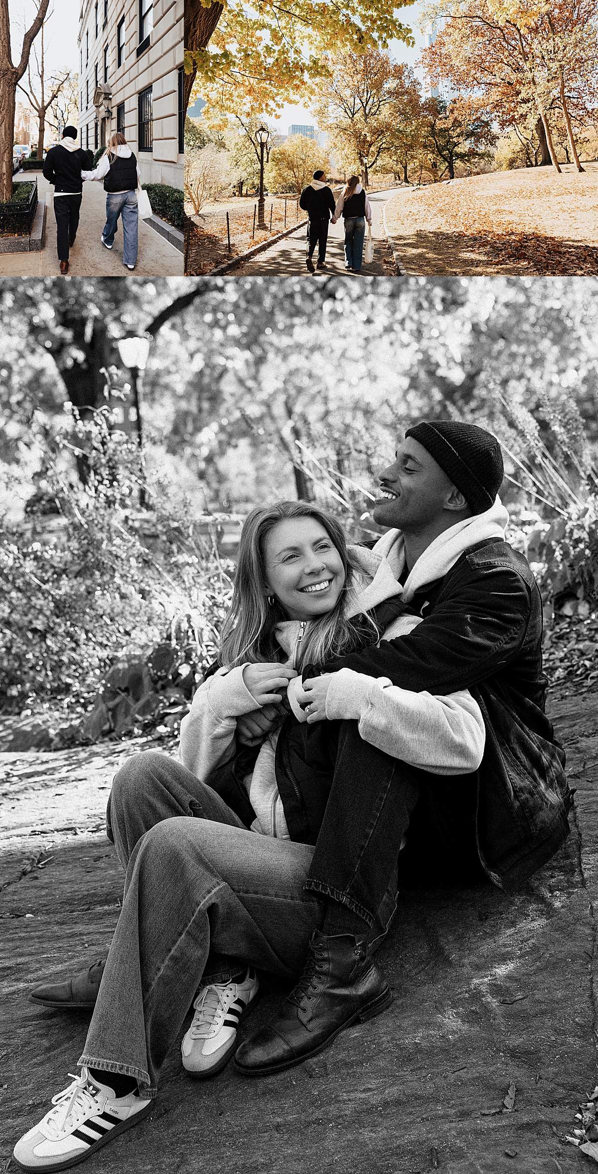 Man and woman hold hands and walk in the colorful trees in Fall Central Park