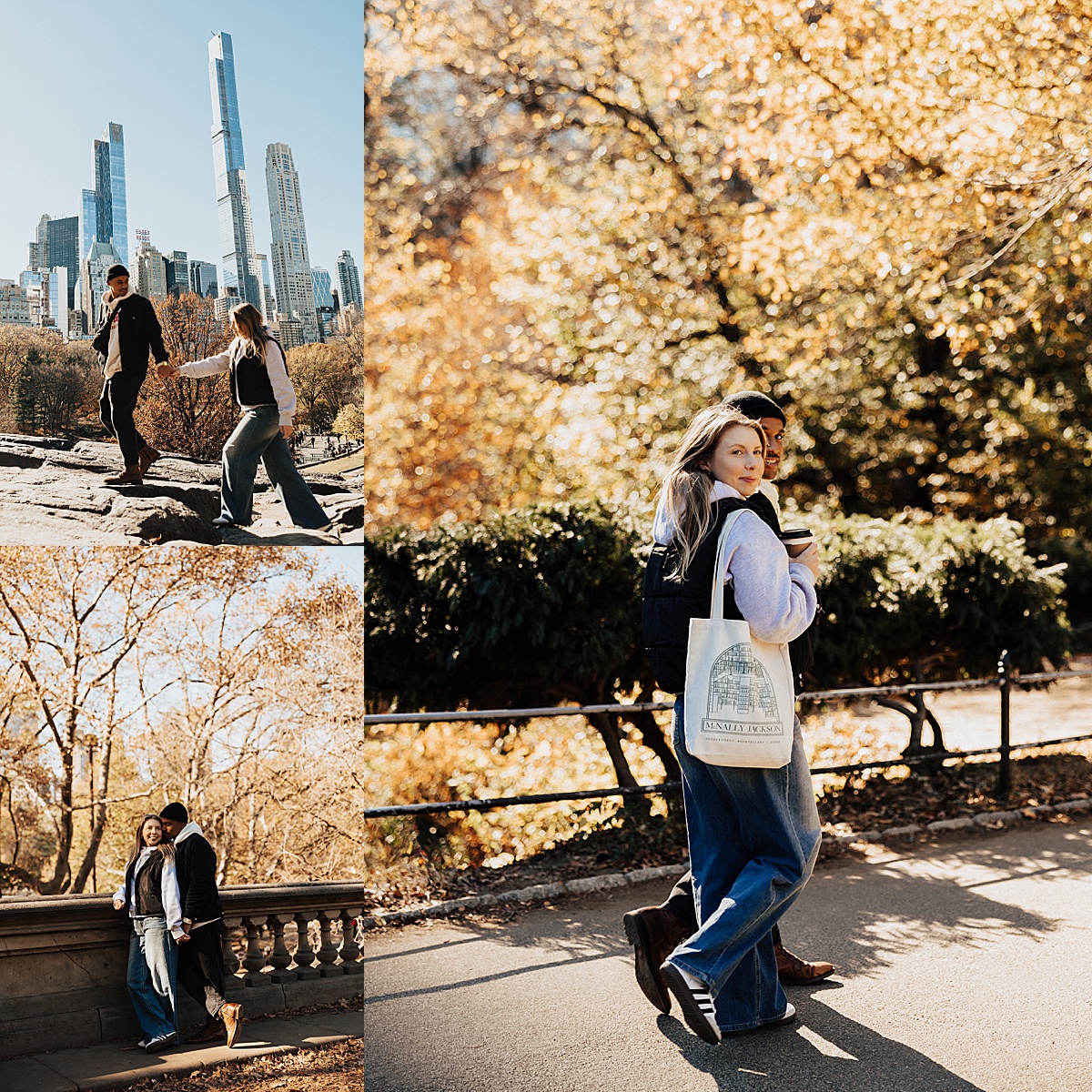 Man stands behind woman on bride and holds her hand at their Fall Central Park photo session