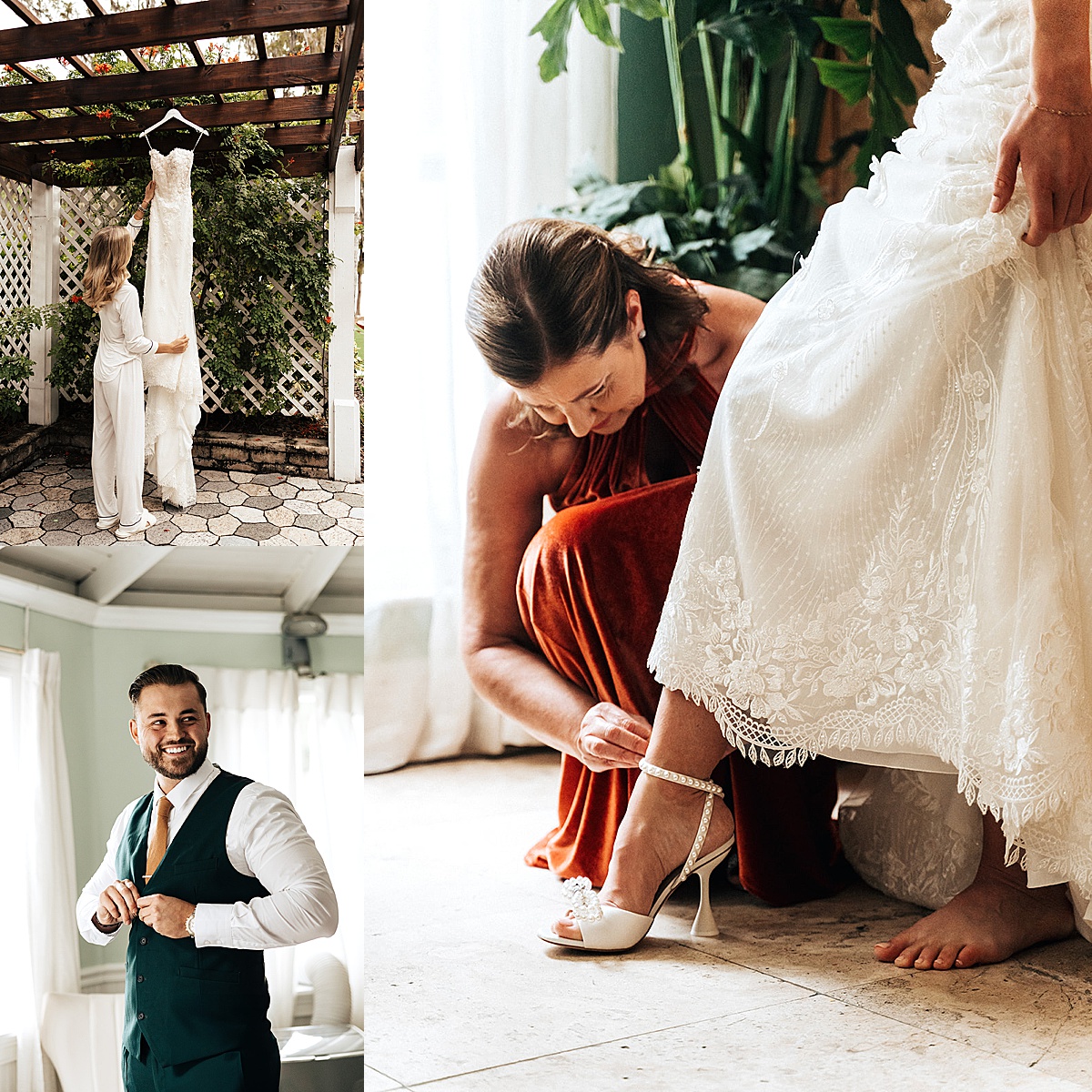 Bride looks at her dress hanging before she gets dressed by Orlando wedding photographer
