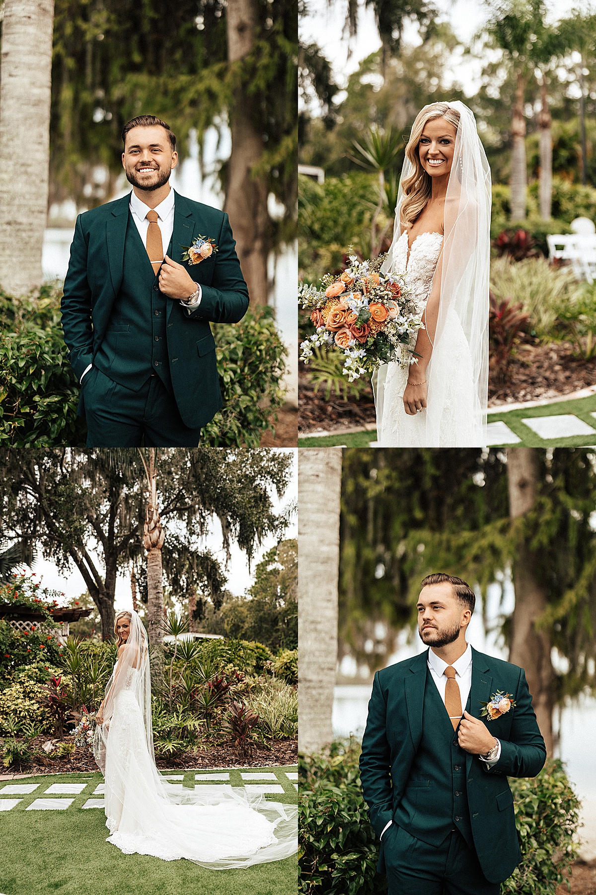 Woman smiles while pulling her veil in a wedding dress at Paradise Cove