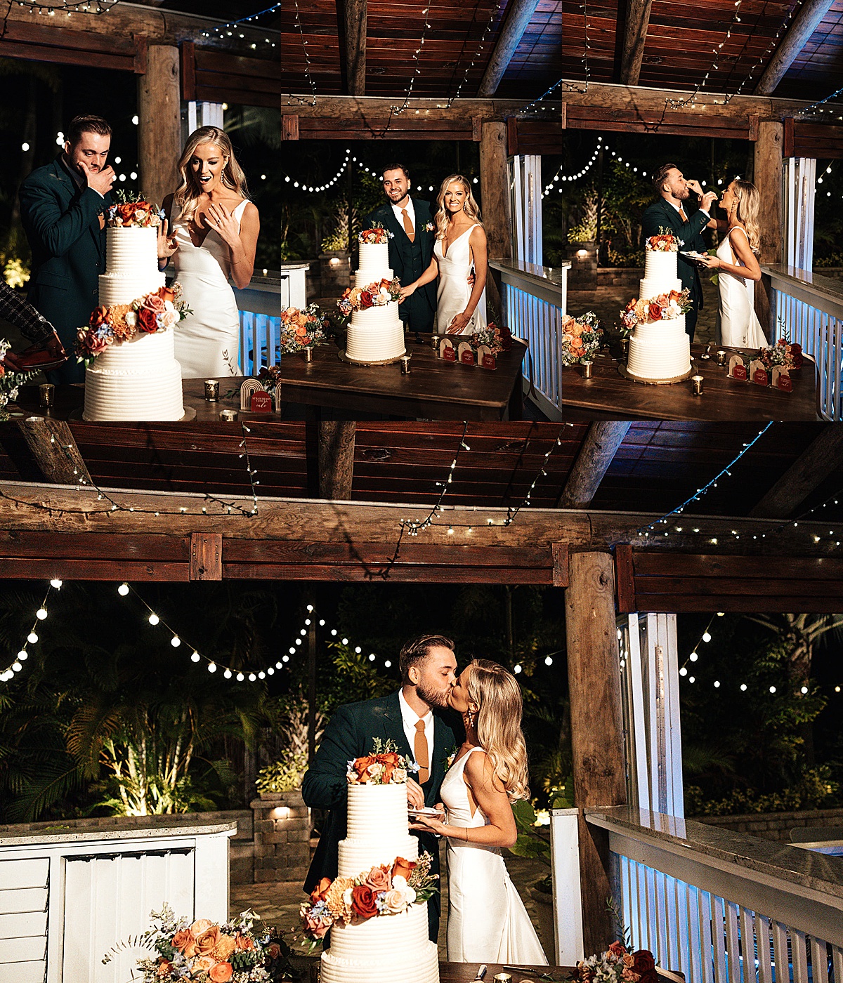Newlyweds feed each other wedding cake at their reception at Paradise Cove