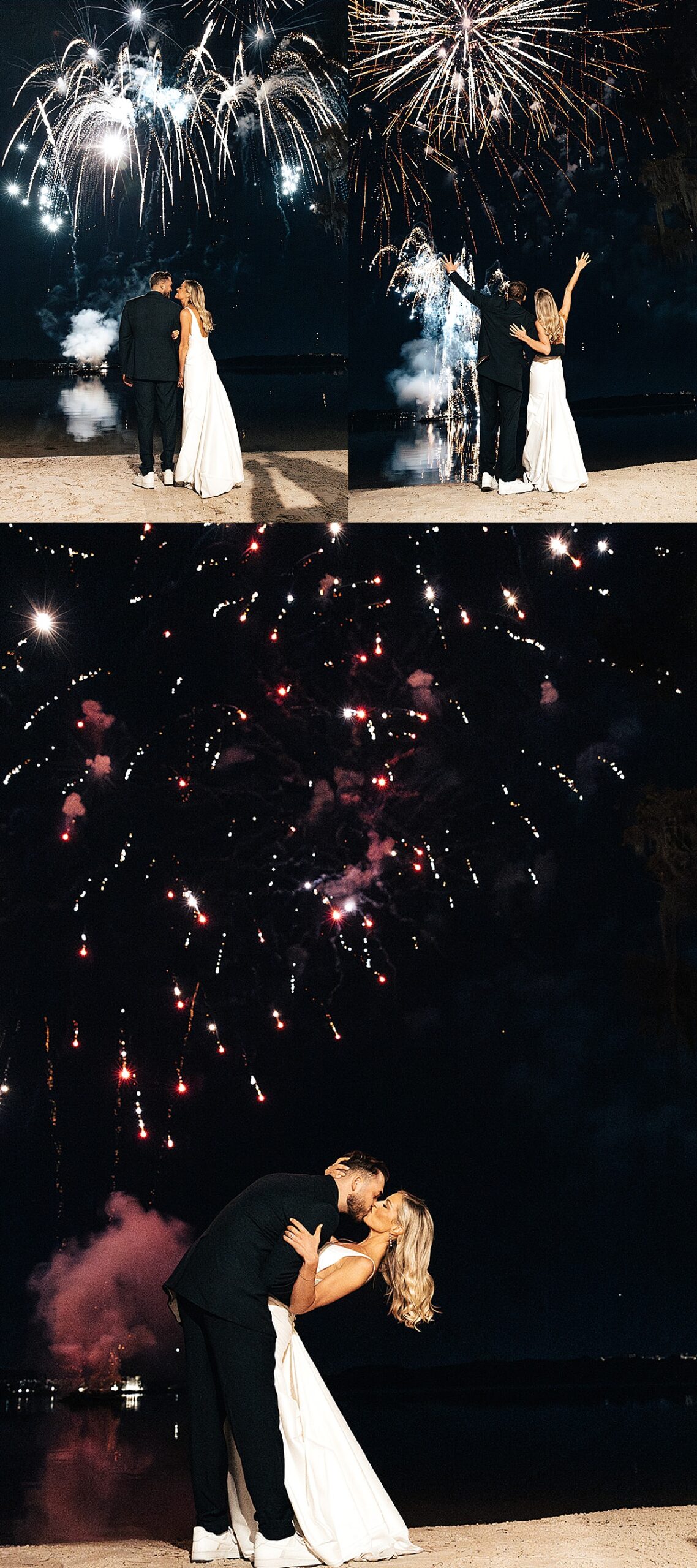 Husband dips wife down and kisses her in front of fireworks show by Orlando wedding photographer